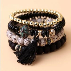 4 Pcs Multicolor Beaded Bracelet Tassel Charm Elastic Black, Beige, Gold